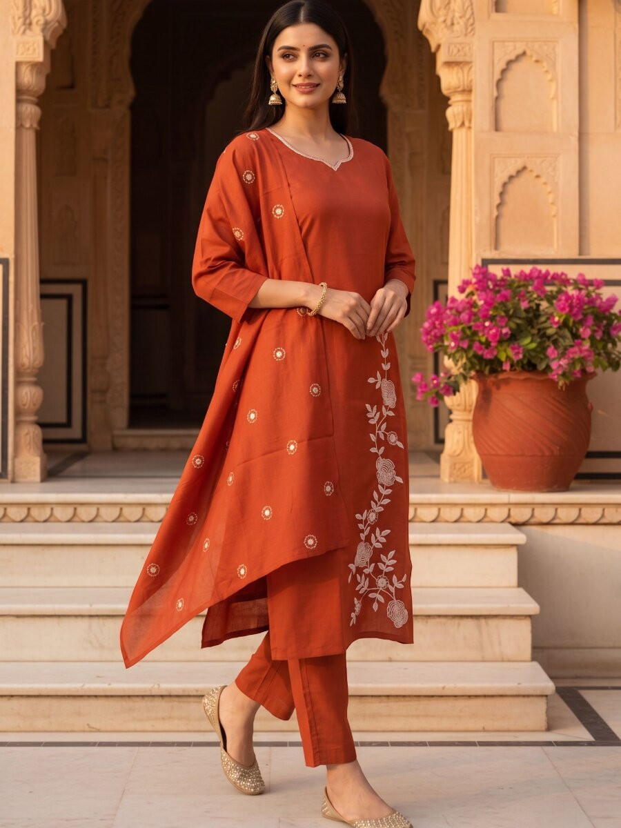 Rust Roman Silk Embroidery Wedding Party Festival Casual Ready Pant Salwar Kameez