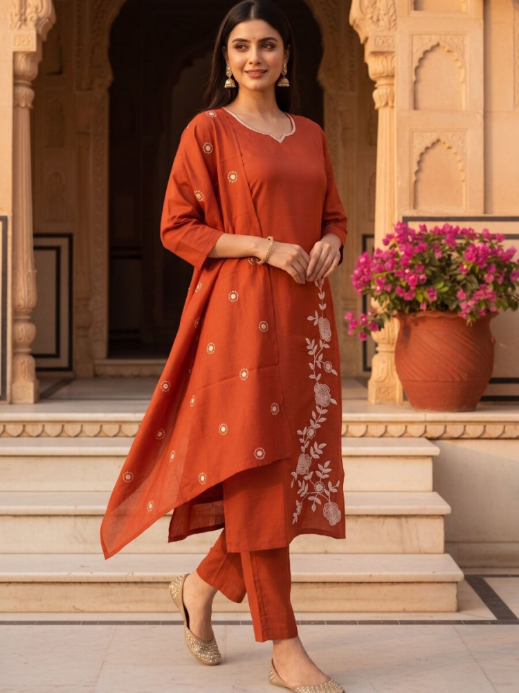 Image of Rust Roman Silk Embroidery Wedding Party Festival Casual Ready Pant Salwar Kameez