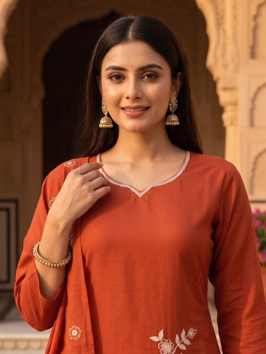 Rust Roman Silk Embroidery Wedding Party Festival Casual Ready Pant Salwar Kameez