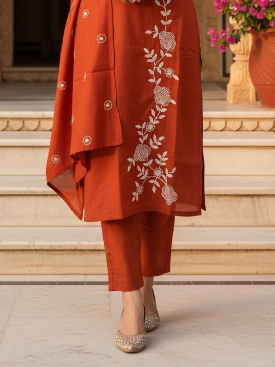 Rust Roman Silk Embroidery Wedding Party Festival Casual Ready Pant Salwar Kameez