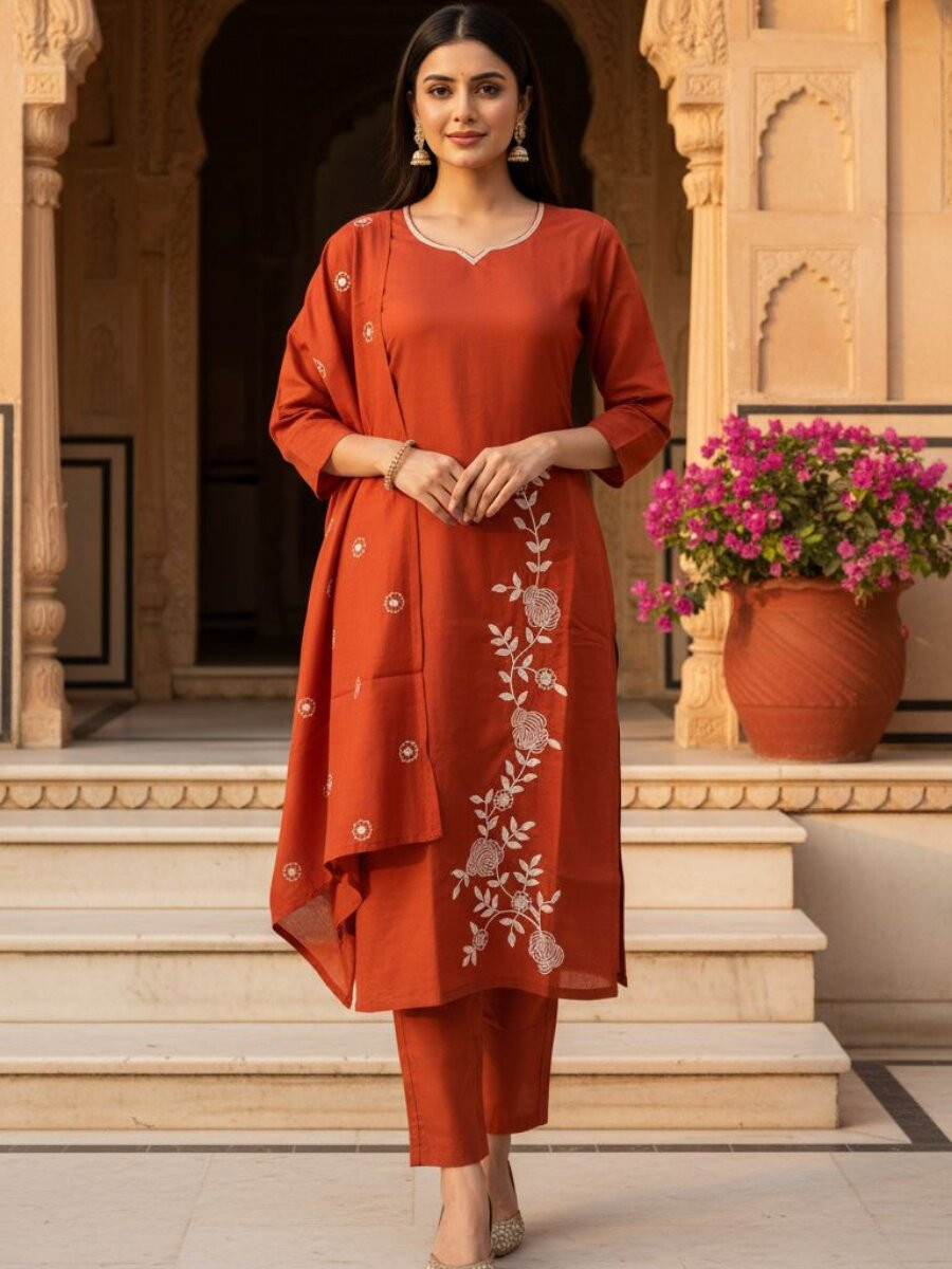 Rust Roman Silk Embroidery Wedding Party Festival Casual Ready Pant Salwar Kameez