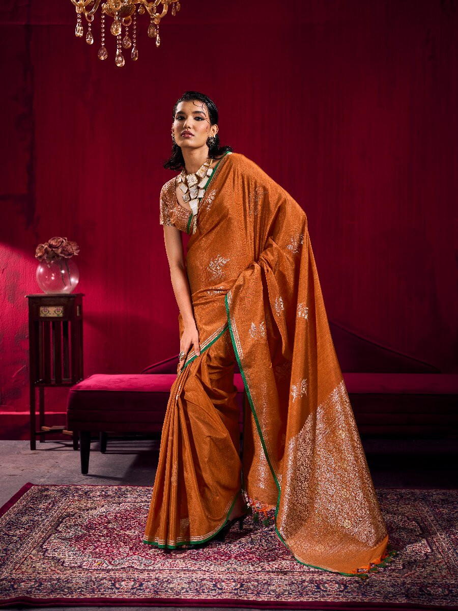 Rust Satin Linen Silk Handwoven Weaving Wedding Reception Party Festival Heavy Border Sarees
