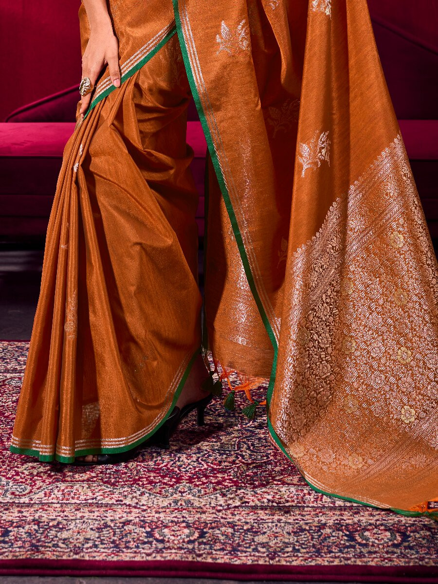 Rust Satin Linen Silk Handwoven Weaving Wedding Reception Party Festival Heavy Border Sarees