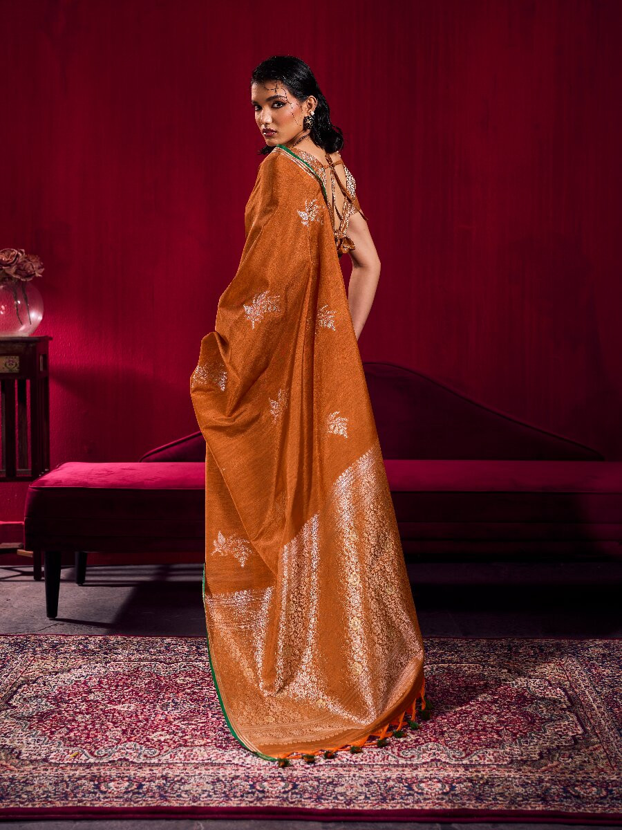 Rust Satin Linen Silk Handwoven Weaving Wedding Reception Party Festival Heavy Border Sarees