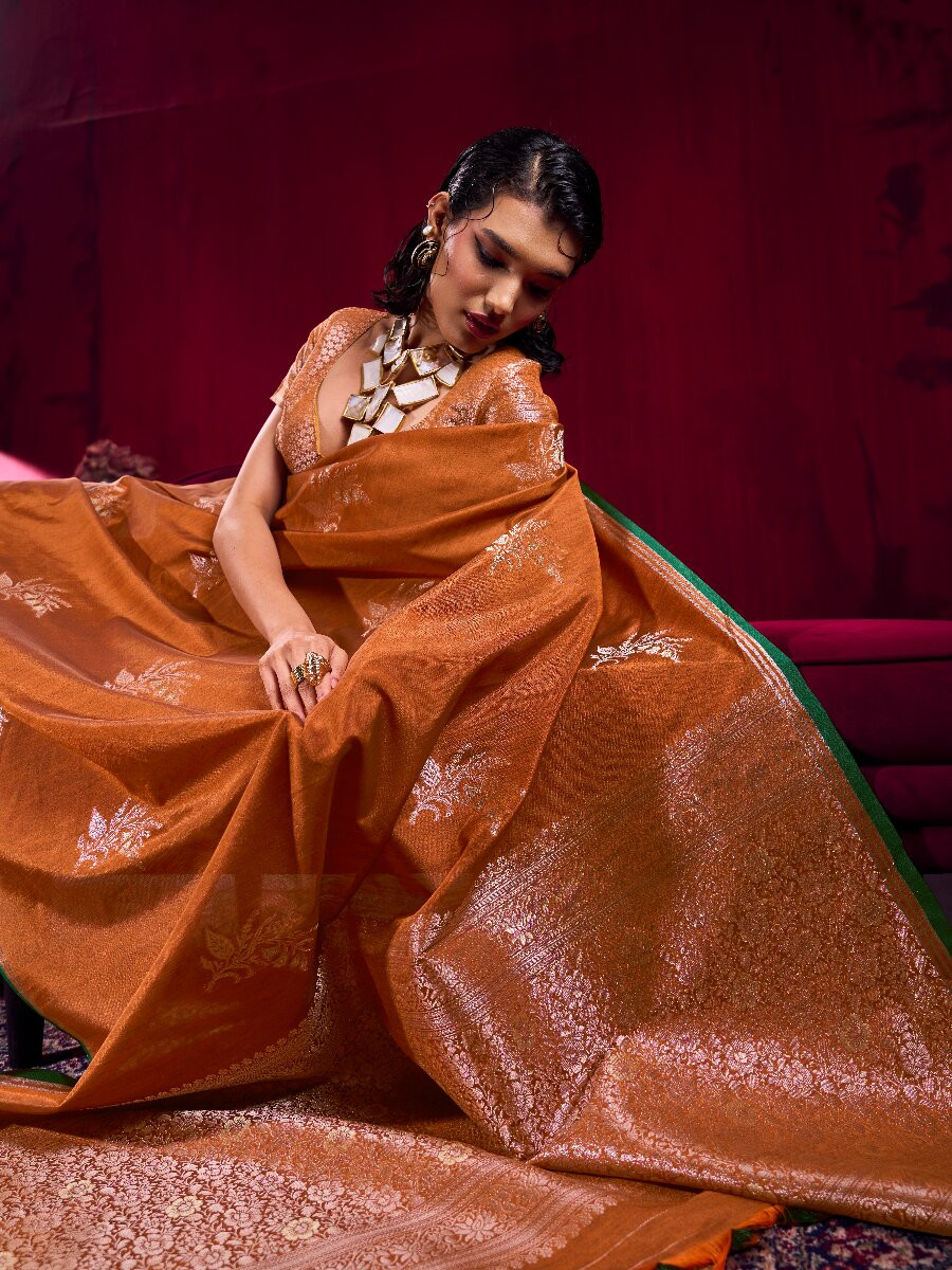 Rust Satin Linen Silk Handwoven Weaving Wedding Reception Party Festival Heavy Border Sarees