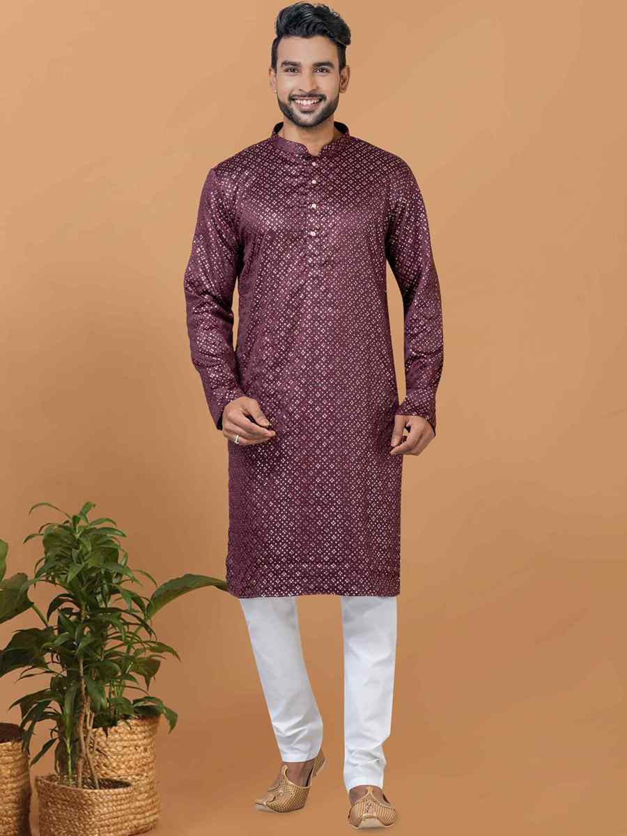 Rust Semi Gaji Silk Embroidered Festival Wedding Kurta