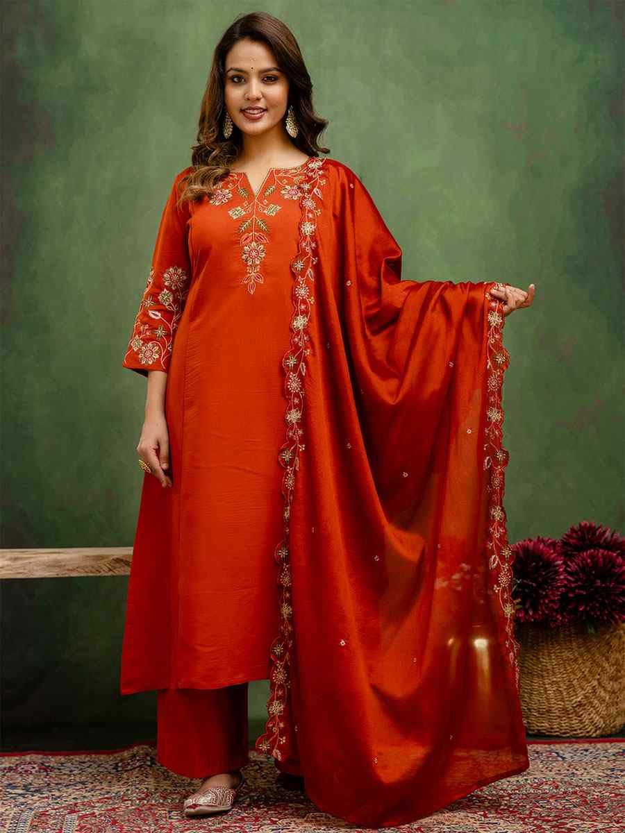 Rust Silk Blend Embroidery Party Wedding Festival Casual Ready Pant Salwar Kameez