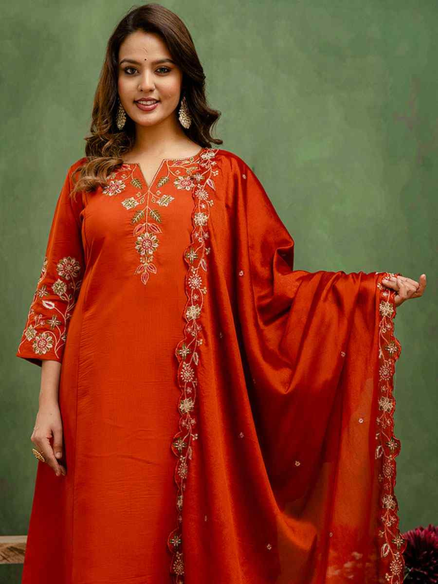 Rust Silk Blend Embroidery Party Wedding Festival Casual Ready Pant Salwar Kameez