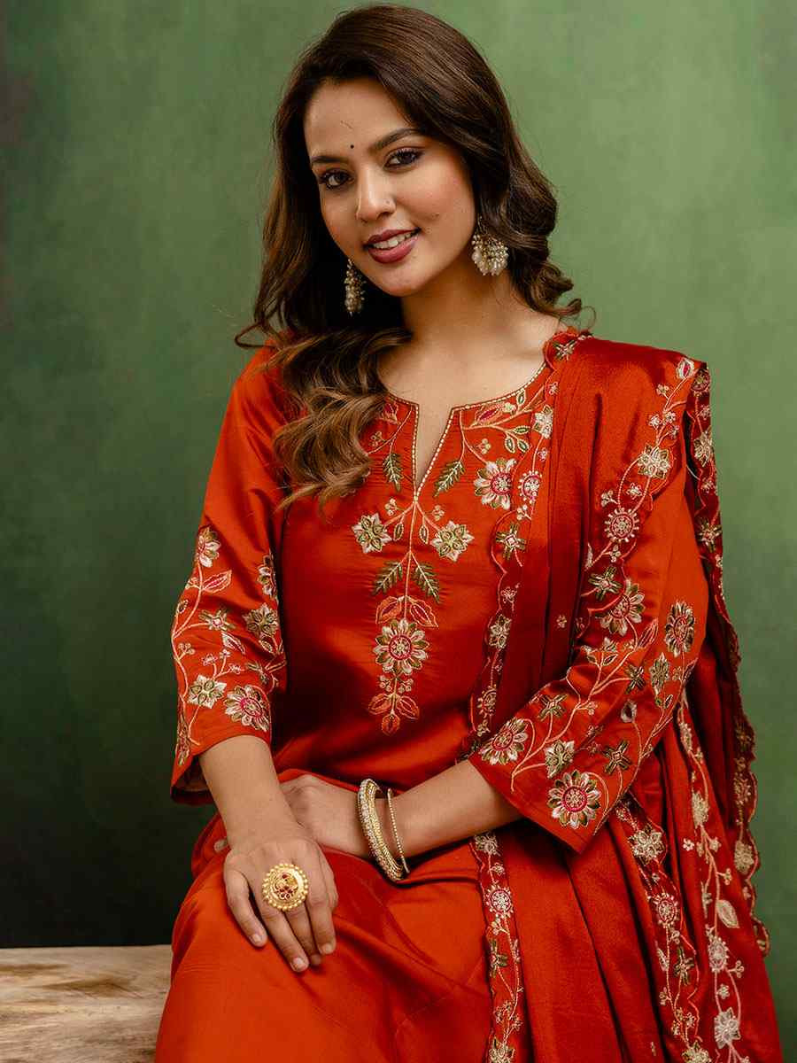 Rust Silk Blend Embroidery Party Wedding Festival Casual Ready Pant Salwar Kameez