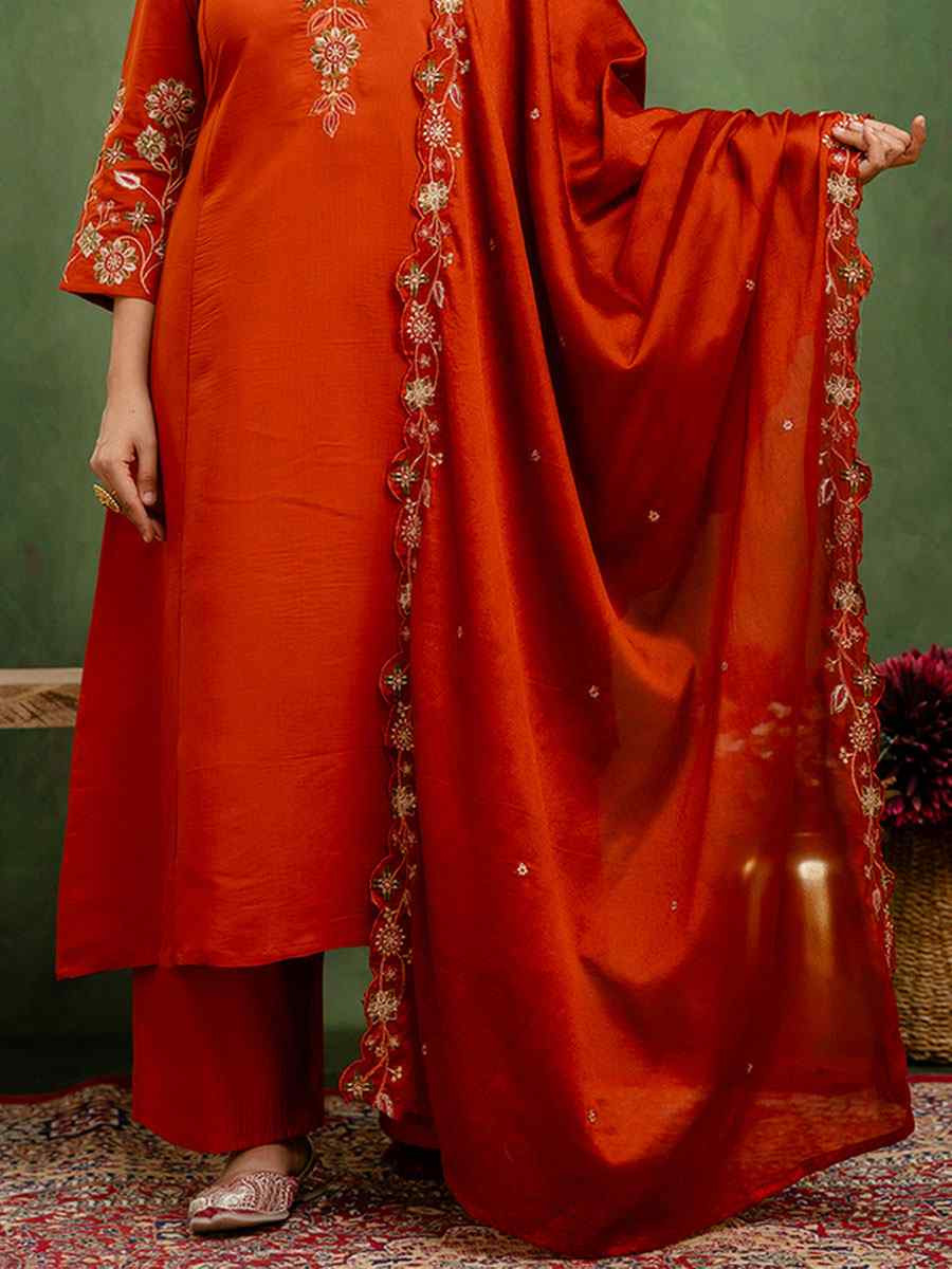 Rust Silk Blend Embroidery Party Wedding Festival Casual Ready Pant Salwar Kameez
