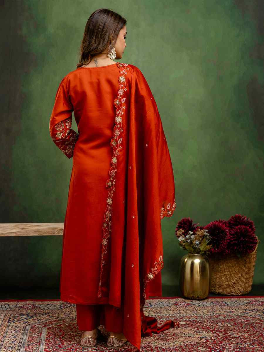 Rust Silk Blend Embroidery Party Wedding Festival Casual Ready Pant Salwar Kameez
