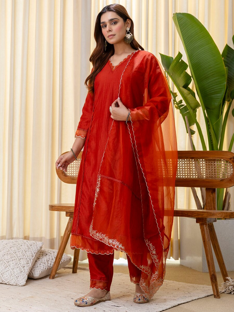 Rust Silk Blend Embroidery Wedding Festival Casual Party Ready Pant Salwar Kameez