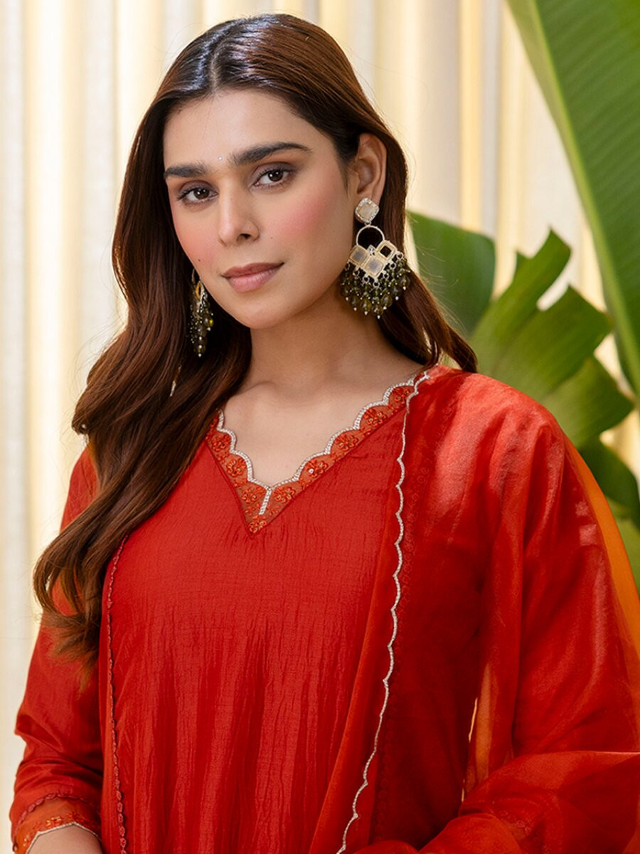 Rust Silk Blend Embroidery Wedding Festival Casual Party Ready Pant Salwar Kameez