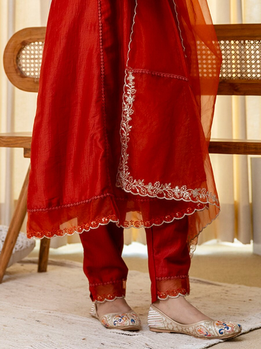 Rust Silk Blend Embroidery Wedding Festival Casual Party Ready Pant Salwar Kameez