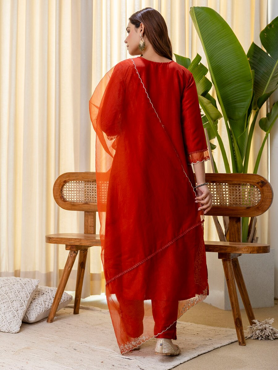 Rust Silk Blend Embroidery Wedding Festival Casual Party Ready Pant Salwar Kameez