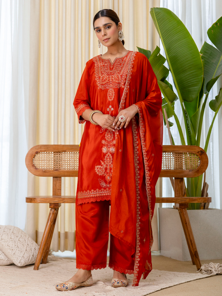 Image of Rust Silk Blend Embroidery Wedding Festival Casual Party Ready Pant Salwar Kameez