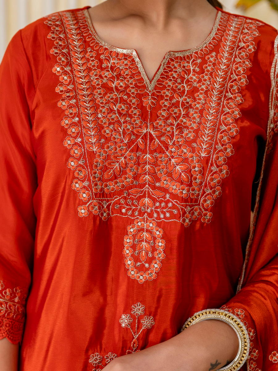 Rust Silk Blend Embroidery Wedding Festival Casual Party Ready Pant Salwar Kameez