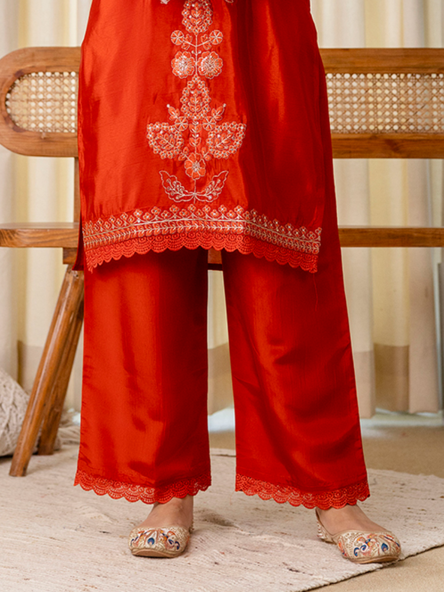 Rust Silk Blend Embroidery Wedding Festival Casual Party Ready Pant Salwar Kameez