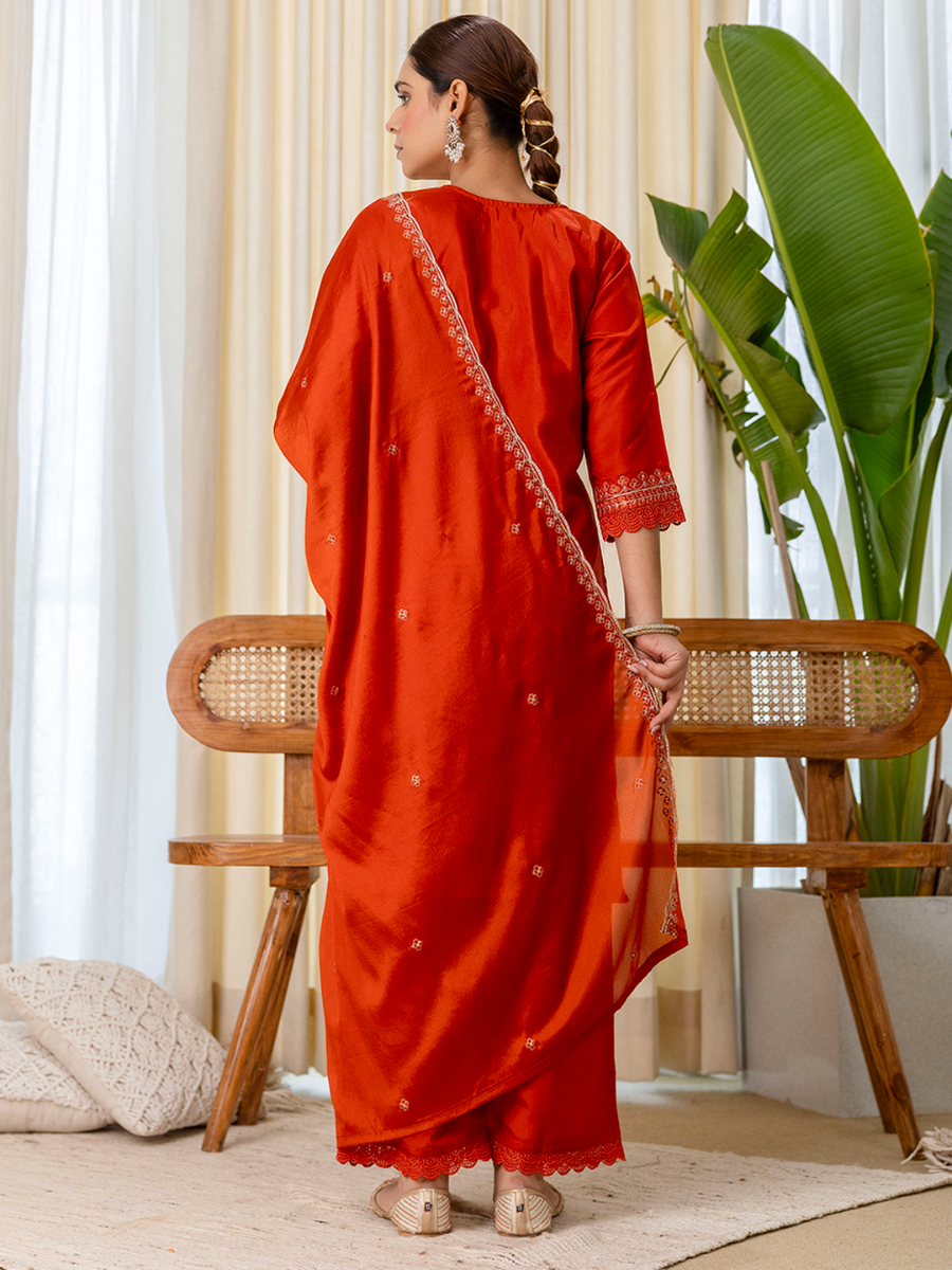 Rust Silk Blend Embroidery Wedding Festival Casual Party Ready Pant Salwar Kameez