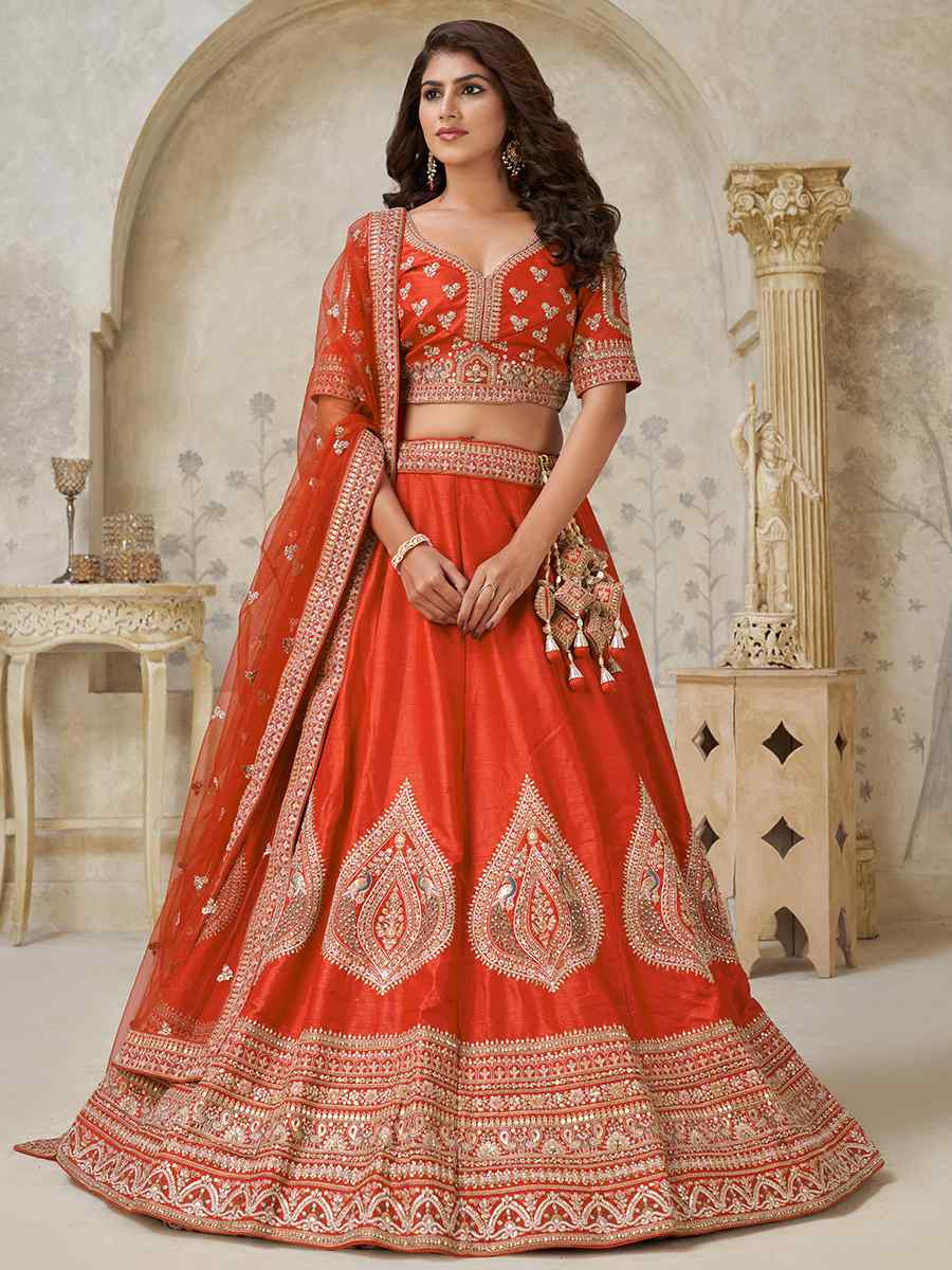 Rust Silk Embroidered Wedding Reception Festival Heavy Border Lehenga Choli