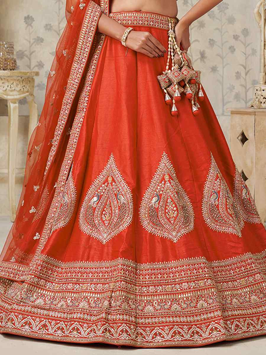 Rust Silk Embroidered Wedding Reception Festival Heavy Border Lehenga Choli