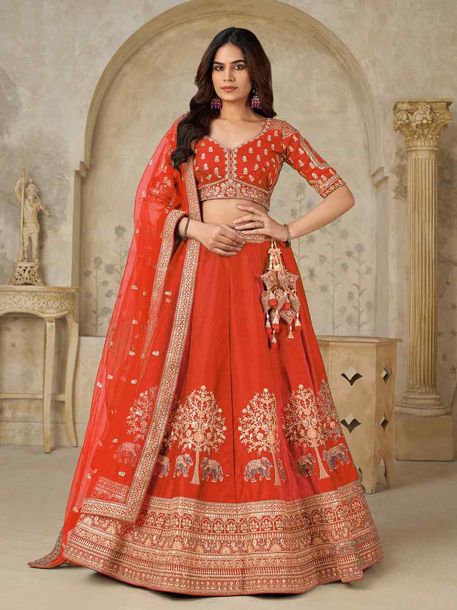 Rust Silk Embroidered Wedding Reception Festival Heavy Border Lehenga Choli