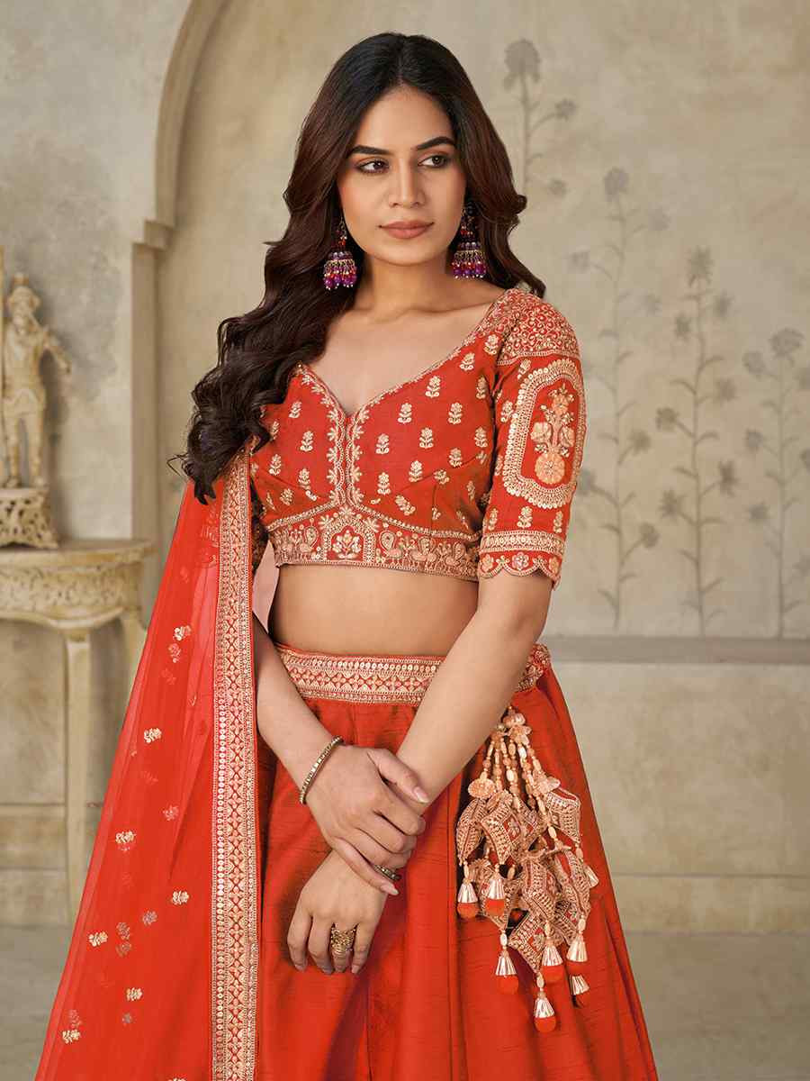 Rust Silk Embroidered Wedding Reception Festival Heavy Border Lehenga Choli