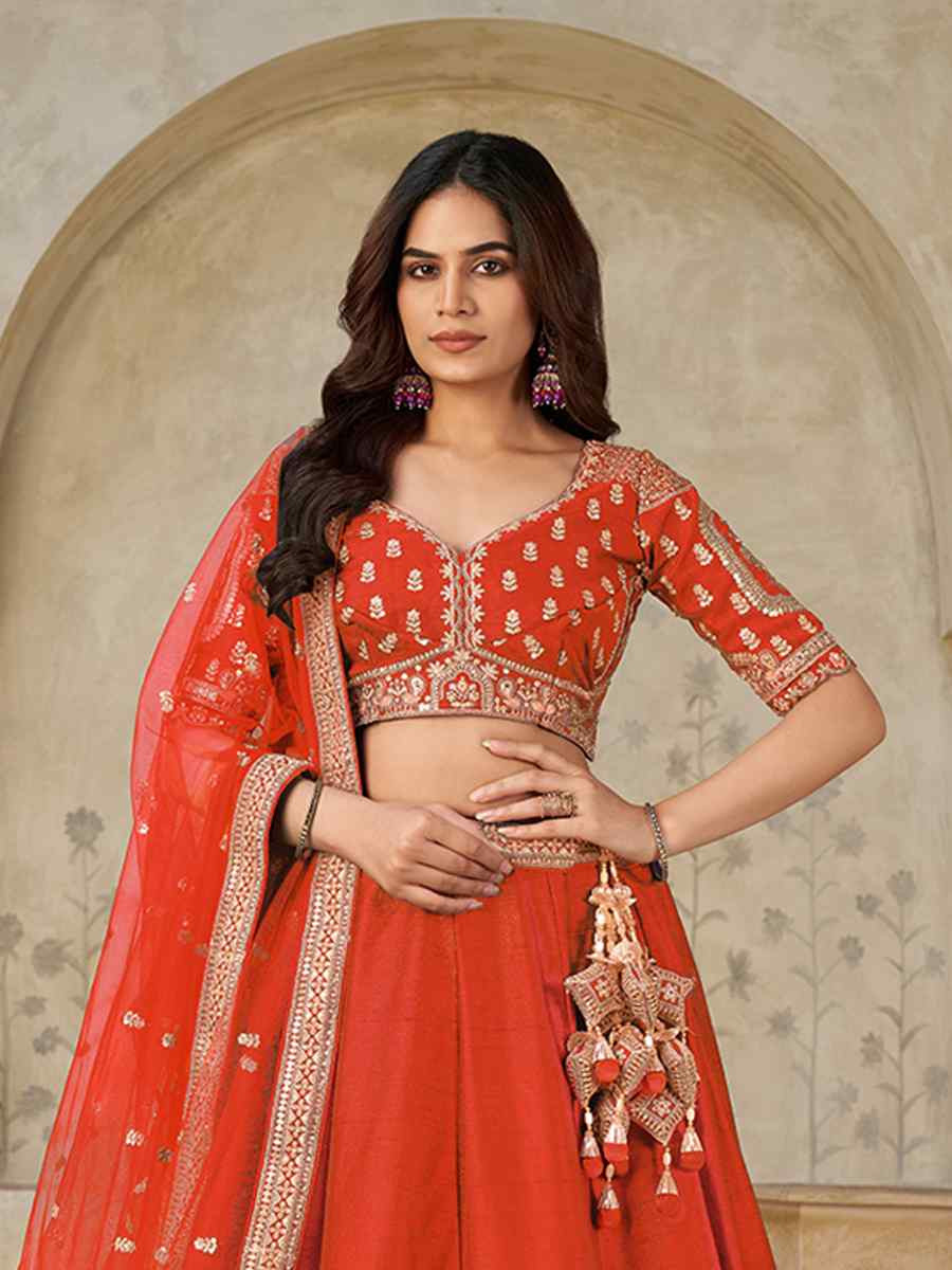 Rust Silk Embroidered Wedding Reception Festival Heavy Border Lehenga Choli