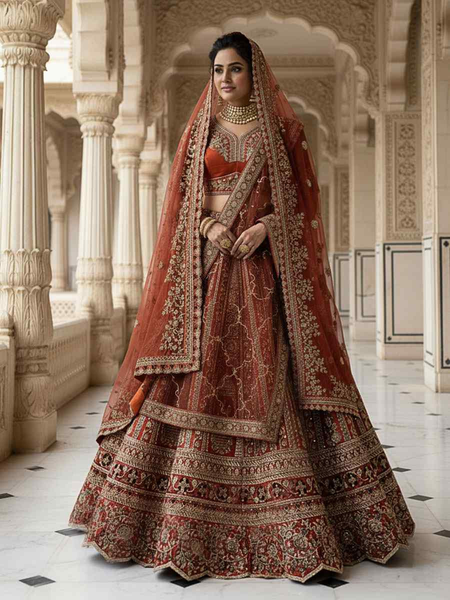 Rust Silk Embroidery Bridal Wedding Reception Festival Heavy Border Lehenga Choli
