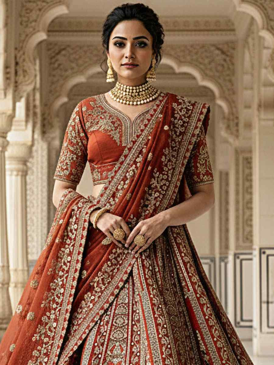 Rust Silk Embroidery Bridal Wedding Reception Festival Heavy Border Lehenga Choli