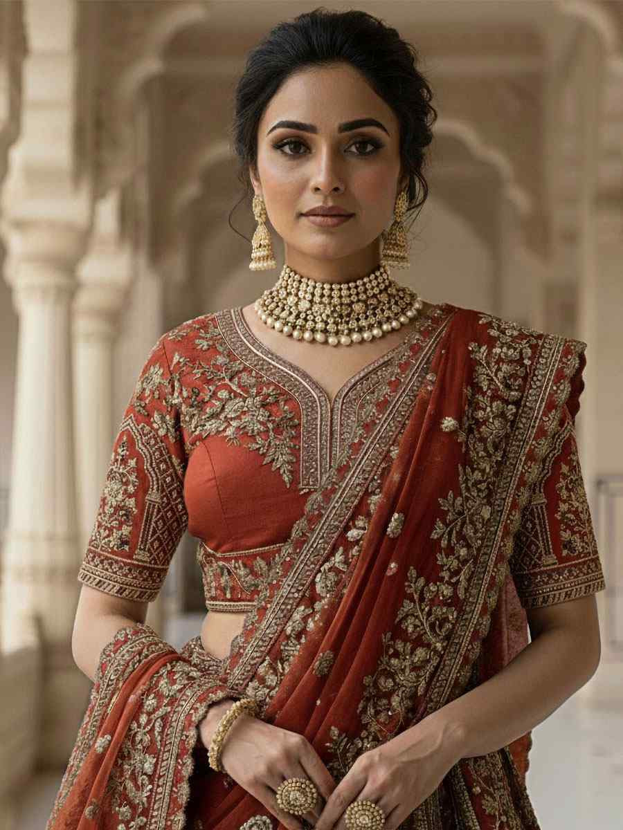 Rust Silk Embroidery Bridal Wedding Reception Festival Heavy Border Lehenga Choli