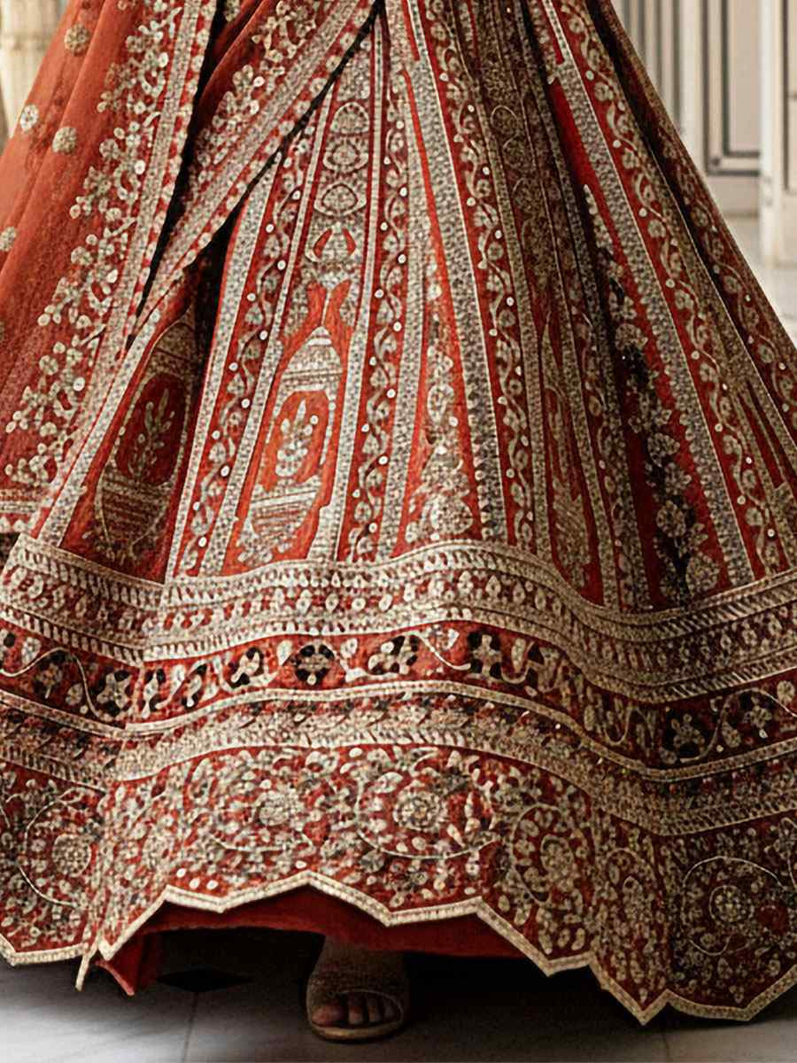 Rust Silk Embroidery Bridal Wedding Reception Festival Heavy Border Lehenga Choli