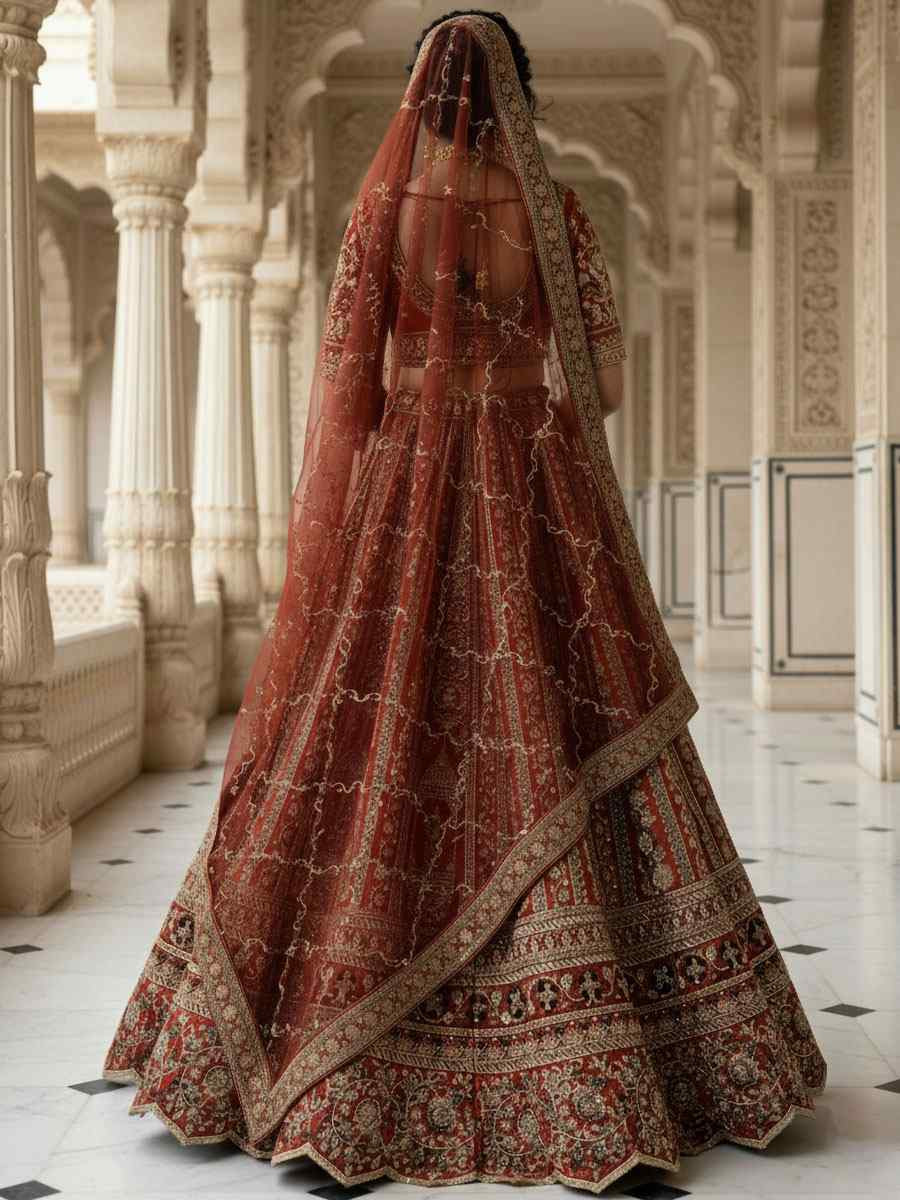 Rust Silk Embroidery Bridal Wedding Reception Festival Heavy Border Lehenga Choli