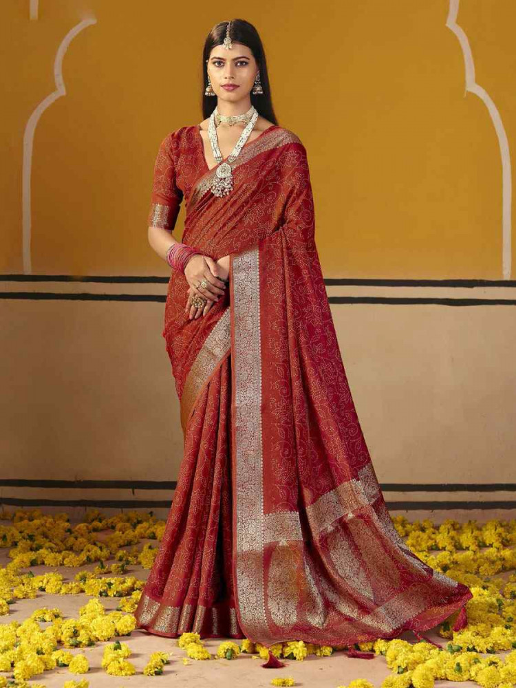 Image of Rust Silk Printed Handwoven Casual Reception Festival Wedding Fancy Classic Style Sarees