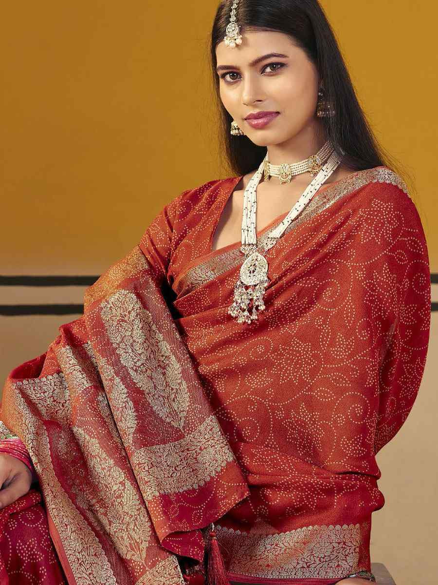 Rust Silk Printed Handwoven Casual Reception Festival Wedding Fancy Classic Style Sarees