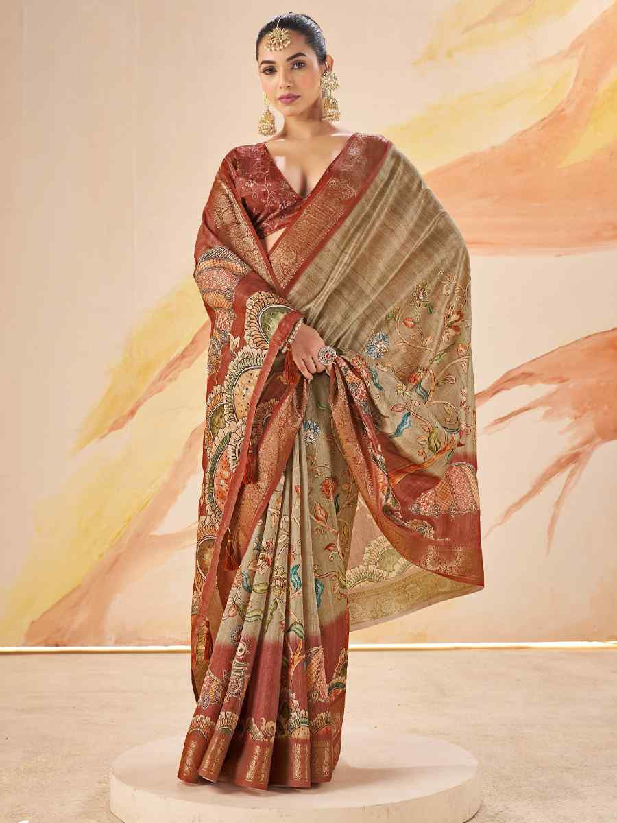 Rust Silk Printed Handwoven Traditional Bridal Reception Festival Wedding Fancy Classic Style Sarees