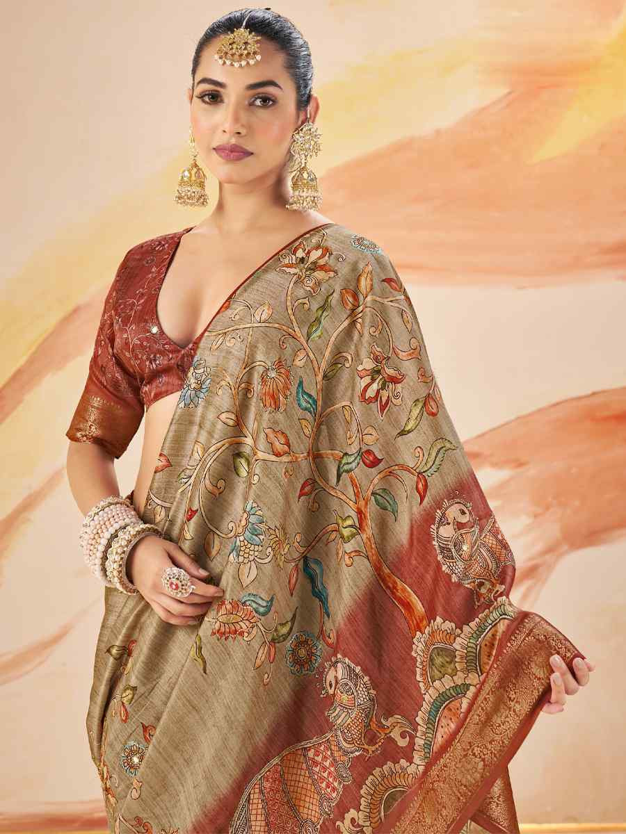 Rust Silk Printed Handwoven Traditional Bridal Reception Festival Wedding Fancy Classic Style Sarees