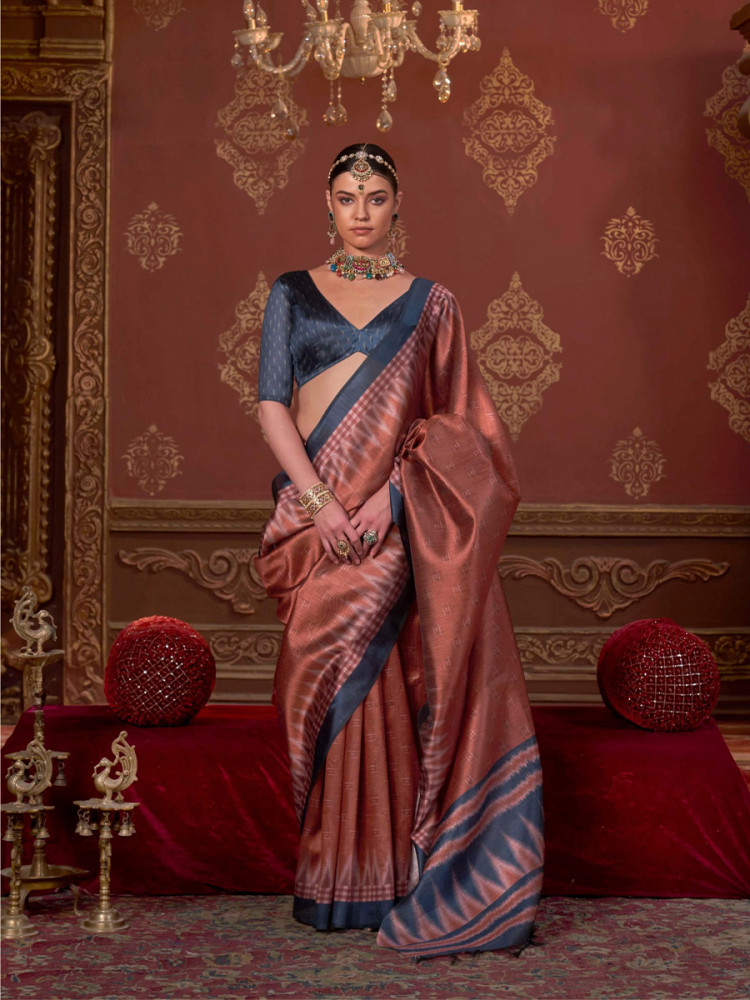 Image of Rust Silk Printed Party Reception Casual Wedding Contemporary Sarees
