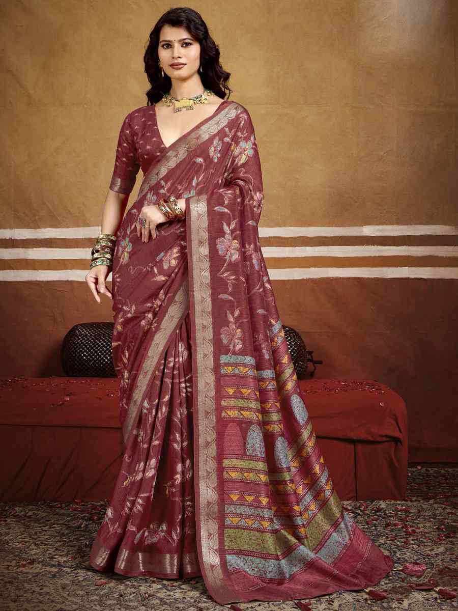 Rust Silk Printed with Handwoven Festival Wedding Fancy Heavy Border Saree