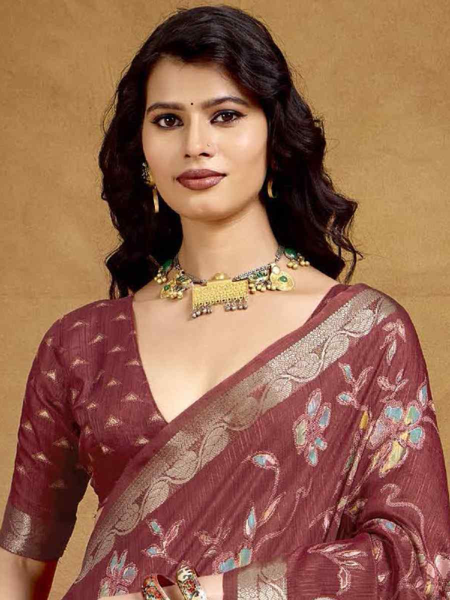 Rust Silk Printed with Handwoven Festival Wedding Fancy Heavy Border Saree