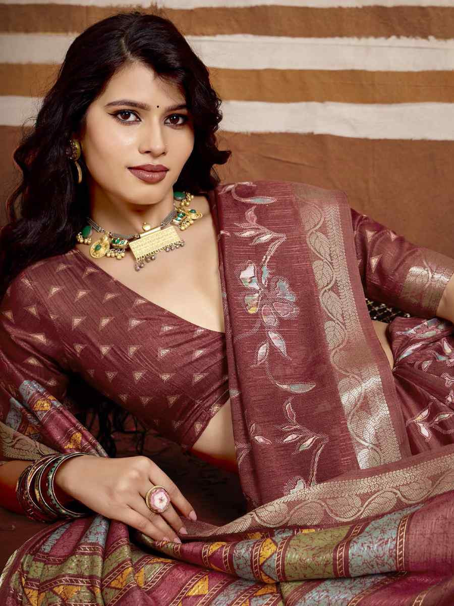 Rust Silk Printed with Handwoven Festival Wedding Fancy Heavy Border Saree