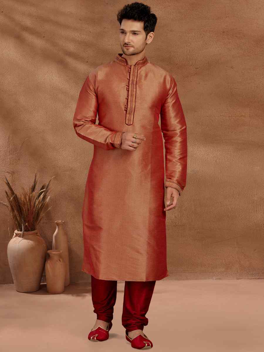 Rust Silk Woven Party Wedding Kurta