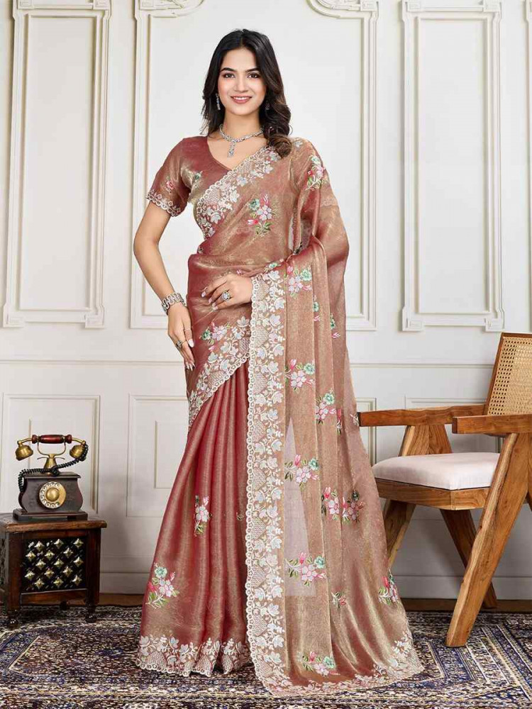Image of Rust Soft Crunchy silk Embroidered Bridesmaid Reception Heavy Border Saree