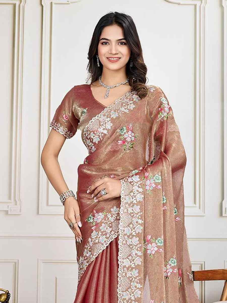 Rust Soft Crunchy silk Embroidered Bridesmaid Reception Heavy Border Saree