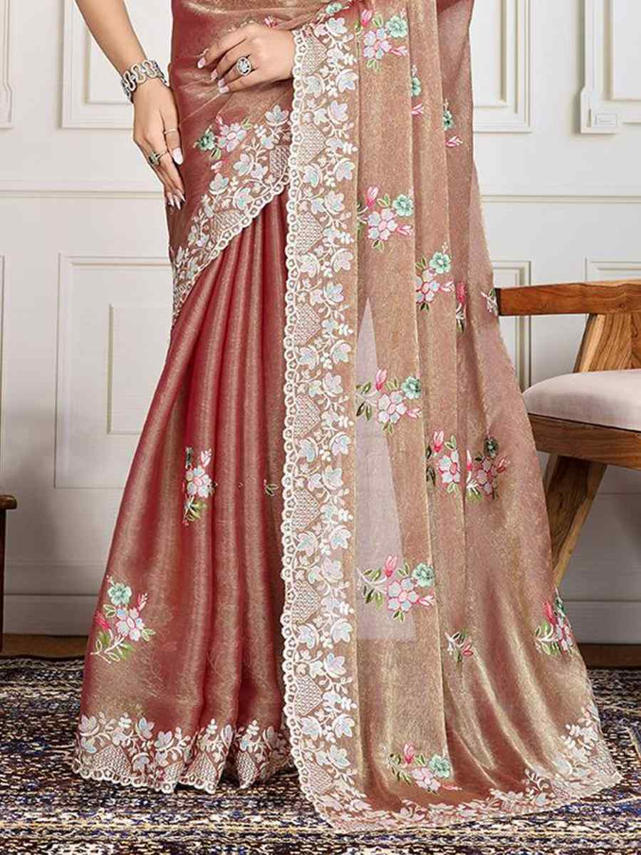 Rust Soft Crunchy silk Embroidered Bridesmaid Reception Heavy Border Saree