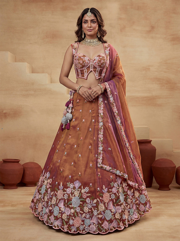 Image of Rust Tissue Embroidery Wedding Reception Party Festival Heavy Border Lehenga Choli
