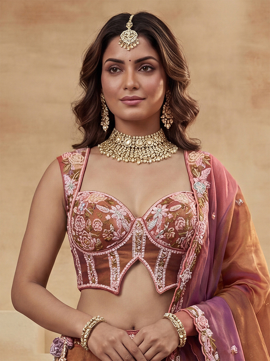 Rust Tissue Embroidery Wedding Reception Party Festival Heavy Border Lehenga Choli