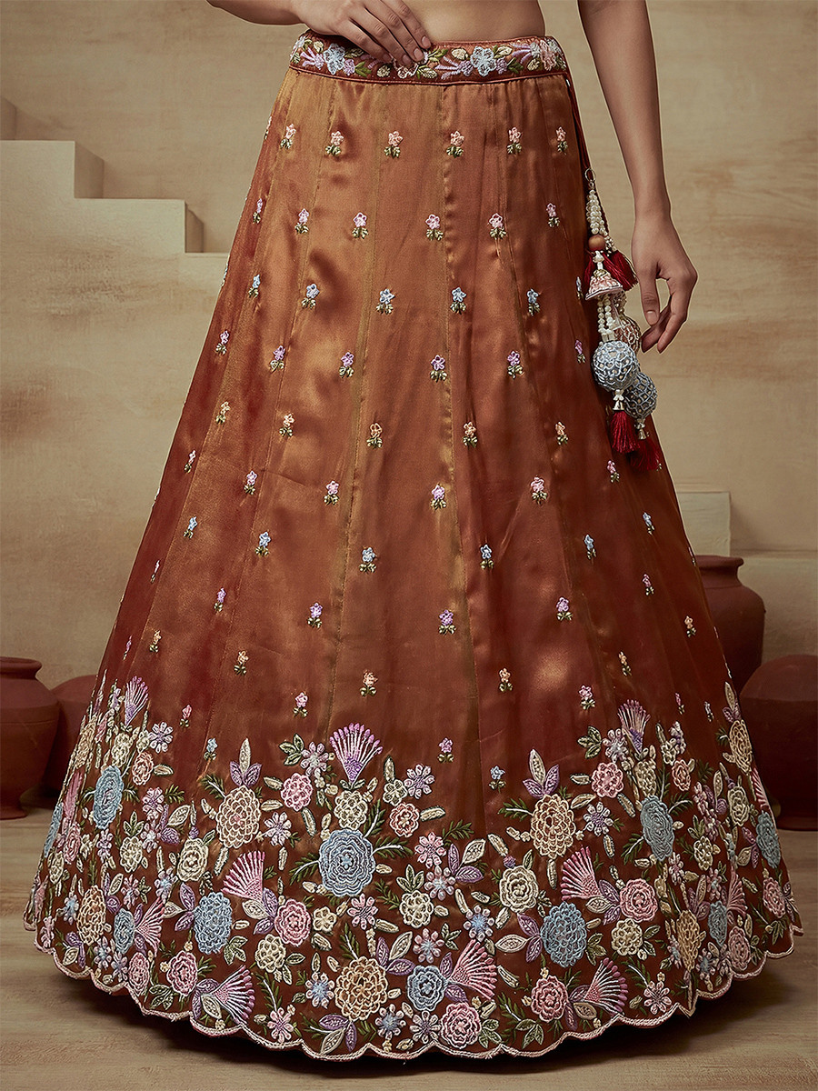 Rust Tissue Embroidery Wedding Reception Party Festival Heavy Border Lehenga Choli