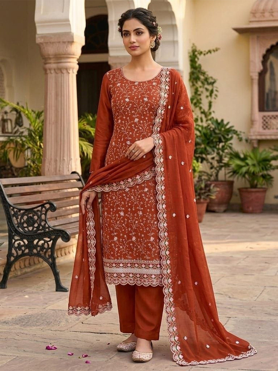 Rust Vichitra Silk Embroidery Wedding Party Festival Casual Pant Salwar Kameez