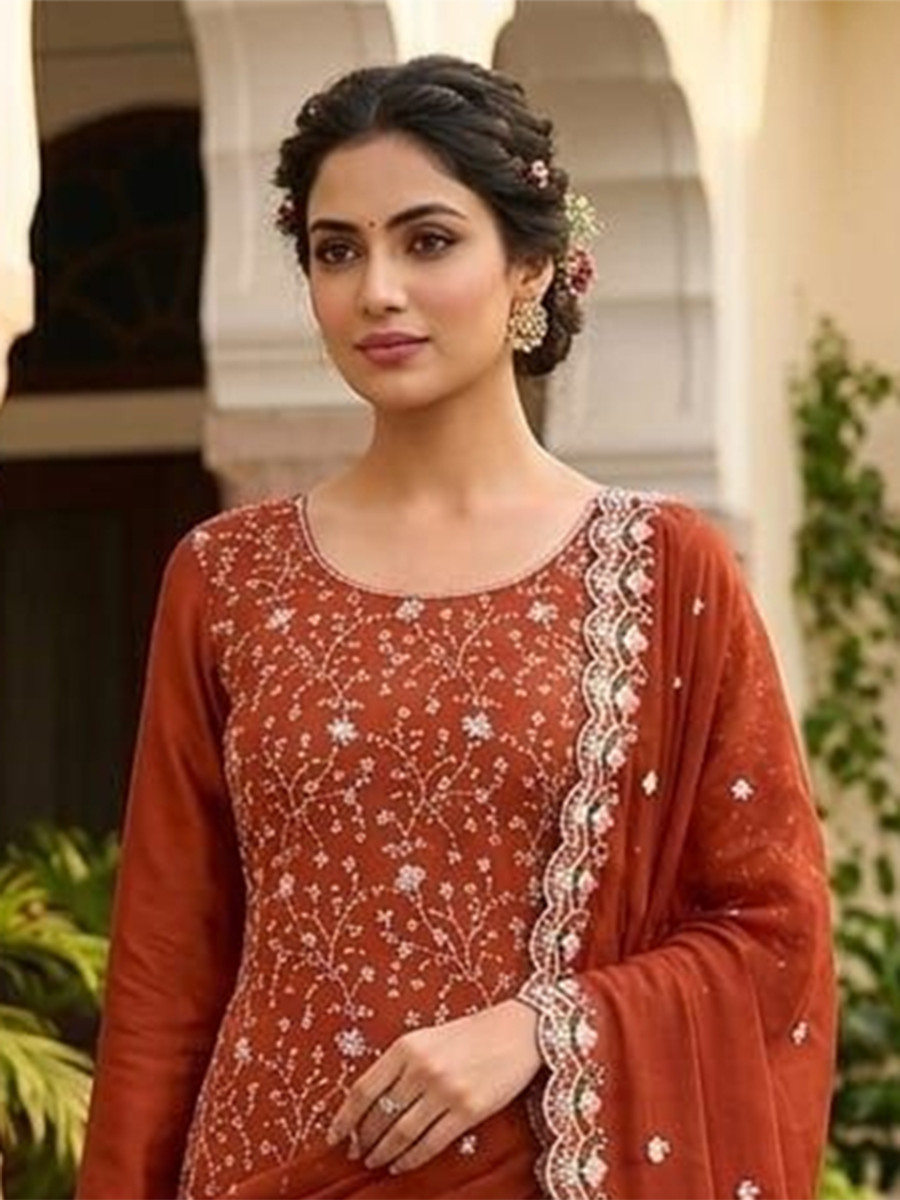 Rust Vichitra Silk Embroidery Wedding Party Festival Casual Pant Salwar Kameez
